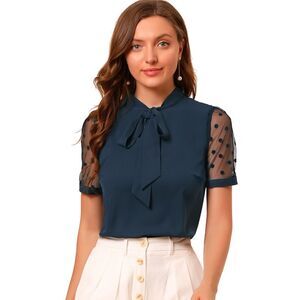 Bow Tie V Neck Stand Collar Short Mesh Sleeve Blouse Navy Blue